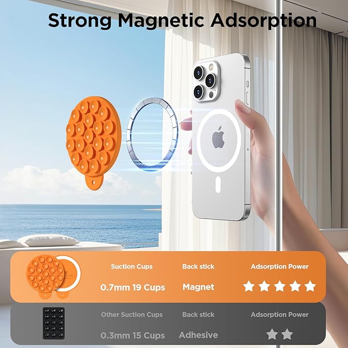 Magnetic Suction Cup Phone Mount with MagSafe, Silicone Hands-Free Grip Holder for iPhone Case and Android, Mirror Shower Phone Stand for Makeup FaceTime Gym Kitchen Bathroom, Orange