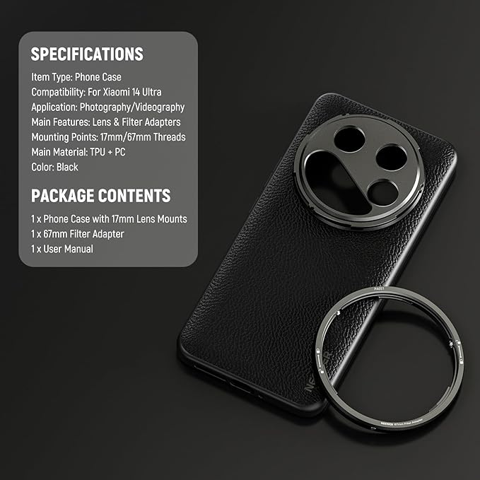 NEEWER 14 Ultra Case, Protective Heavy Duty Case with Wireless Charging, 17mm Lens Mounts & 67mm Filter Adapter, TPU + PC Faux Leather, Compatible with Xiaomi 14 Ultra, PA051 Black
