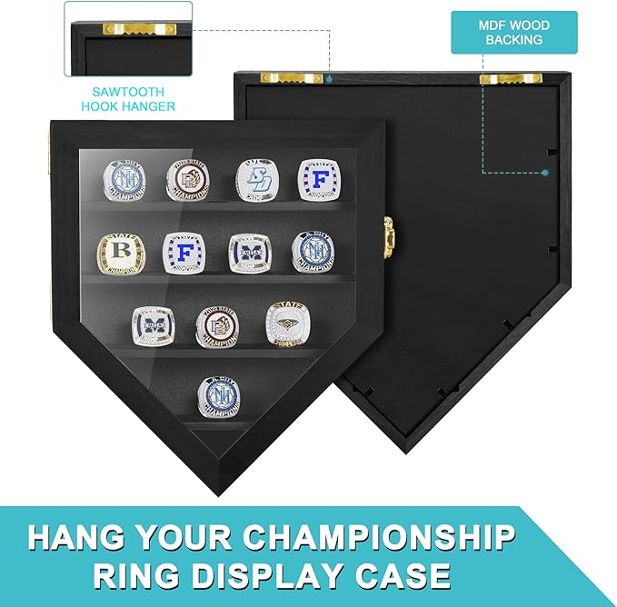 Championship Ring Display Case 12 Ring Posts, Sports Ring Wooden Shadow Box with HD Grass Door 98% UV Protection, Wall Mount Rings Holder for Baseball Basketball Award Rings Champion Souvenirs