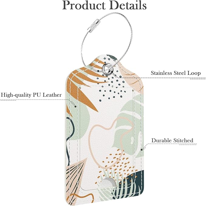 PU Leather Luggage Tags for Suitcase, Travel Cruise 2 Pack with Privacy Flap, Name ID Label and Metal Loop for Women Men Girls Baggage Bag Backpack Instrument, Boho Leaves