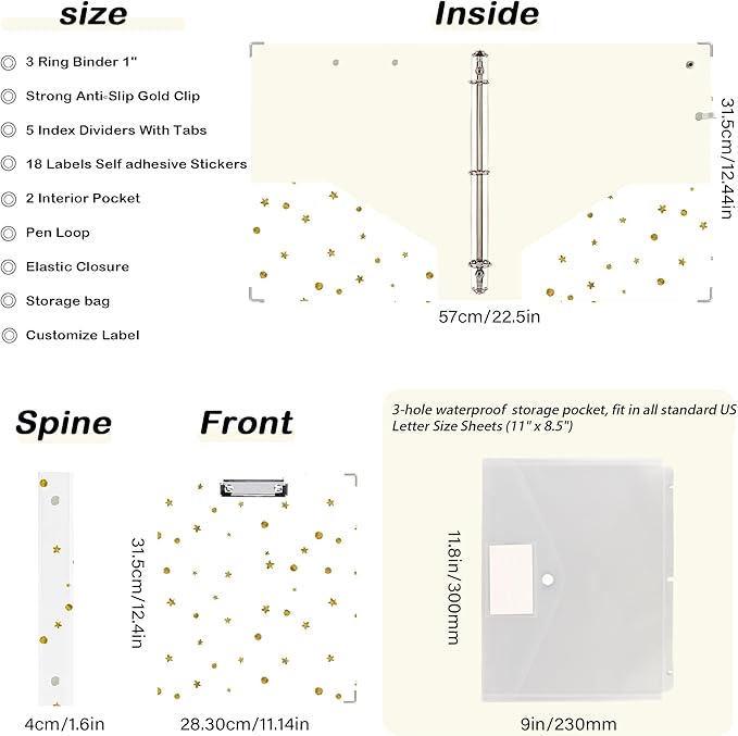 Etzul 3 Ring Binder 1 inch with Clipboard - White with Gold Dots & Stars Design, Includes Dividers, File Bag & Spine Label - Glamorous and Functional for Any Setting, Holographic Waterproof Film