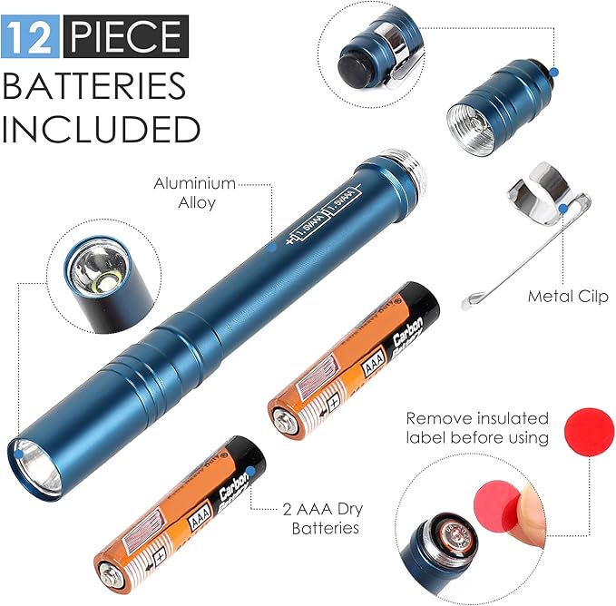 FASTPRO 6-Pack Pen Light, Aluminum LED Penlights with Batteries Included, Pocket Pen Flashlight with Clip for Inspections, Repairs, Camping and Emergencies, Dark Blue