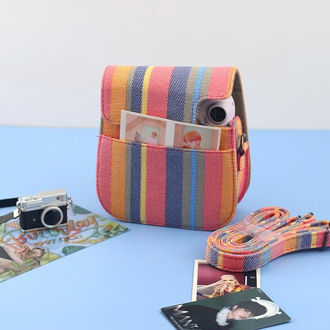 Frankmate Protective Case Fit for Fujifilm Instax Mini 12 11 9 8 Camera, PU Leather Camera Bag with Pocket and Adjustable Shoulder Strap (Color Stripes)