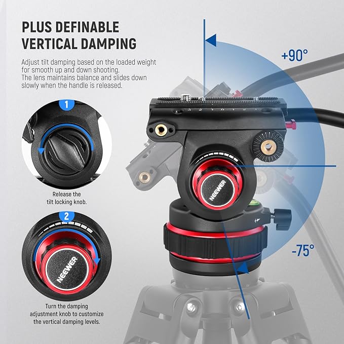 NEEWER 74" Video Tripod with Adjustable Damping Fluid Head, Metal Heavy Duty Dual-Mode QR Plate Compatible with DJI RS Gimbals, Flexible 360° Pan&+90°/-75° Tilt, Max Load 22lb/10kg, TP75