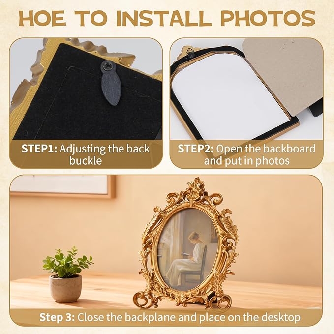 4 Pcs Gold Vintage Picture Frames for Tabletop Display Wall Hanging, Ornate Antique Photo Frame with Stand and Hanging Hook, Royal Style Wall Art Decor for Home Wedding Gallery Photography Props