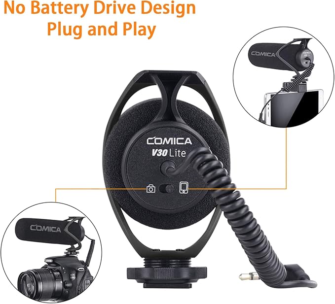 COMICA CVM-V30 LITE Video Microphone,Super-Cardioid Condenser On-Camera Shotgun Microphone for Canon Nikon Sony Panasonic DSLR Cameras,Mic for iPhone Android Smartphone with 3.5mm Jack(Black)