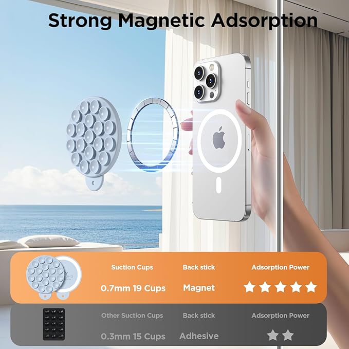 Magnetic Suction Cup Phone Mount with MagSafe, Silicone Hands-Free Grip Holder for iPhone Case and Android, Mirror Shower Phone Stand for Makeup FaceTime Gym Kitchen Bathroom, Baby Blue