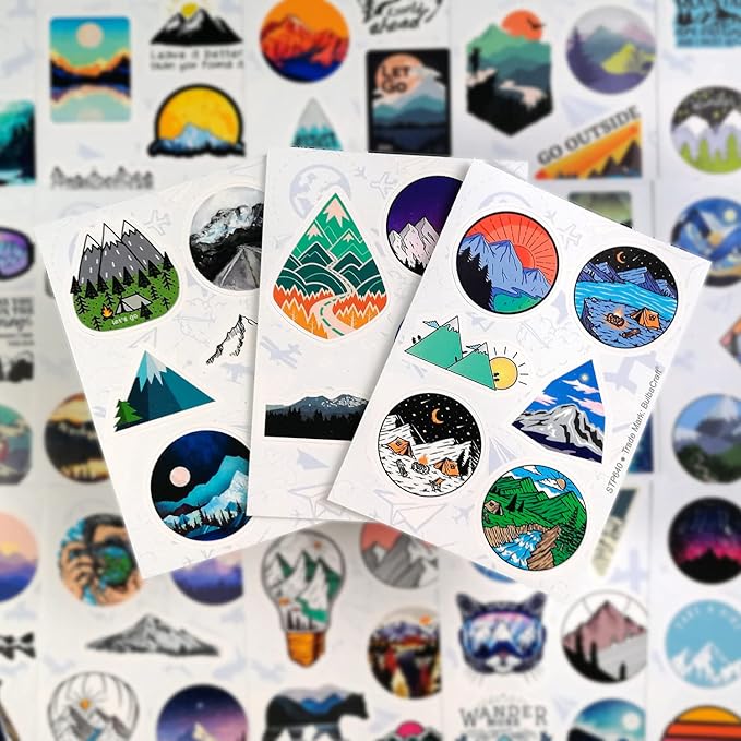 BulbaCraft 100 Pcs Mountain Stickers for Water Bottle, Outdoor Stickers, Camping Decals, Nature Decals, Party Supplies Camping Theme, Gifts for Women & Men