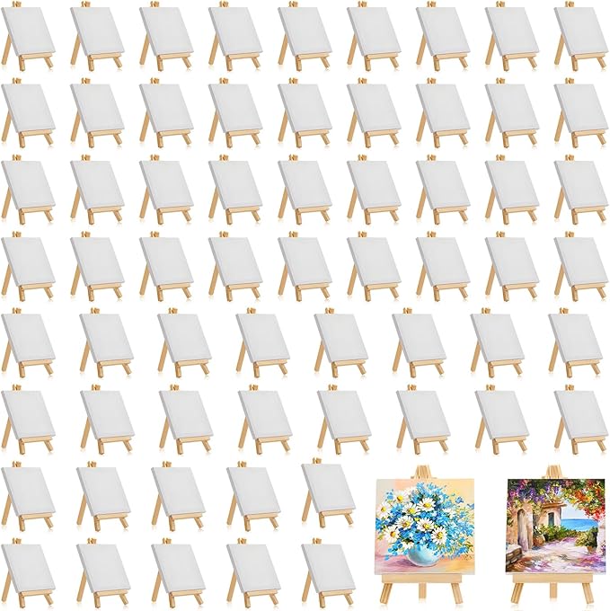Mimorou 150 Pack 4 x 4 Inch Mini Canvases with Easel Sets for Painting Small Art Stretched Canvases Panels Pack for Kids Classroom Crafts Valentine's Day Painting Gift Easter Crafts