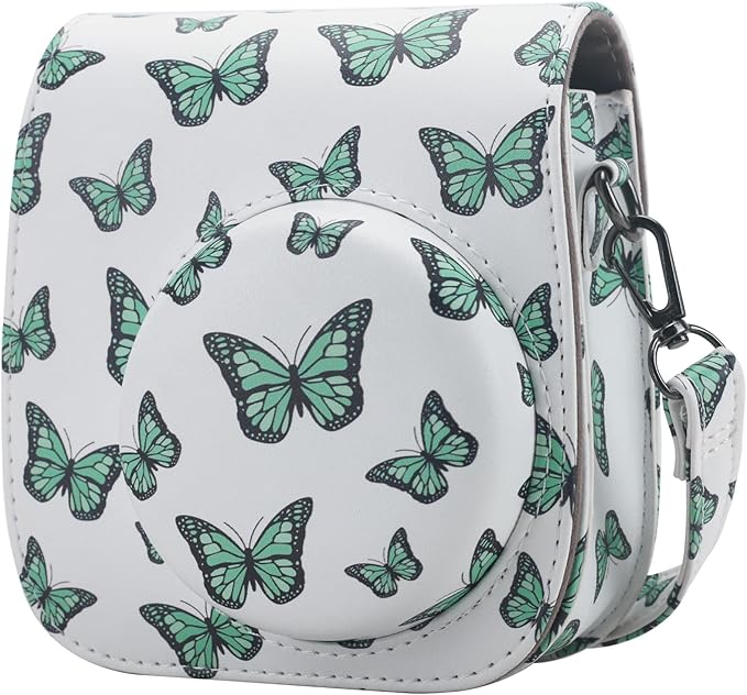Frankmate Protective Case Compatible with Instax Mini 12 11 9 8 Instant Film Camera with Pocket and Adjustable Strap (Green Butterfly)