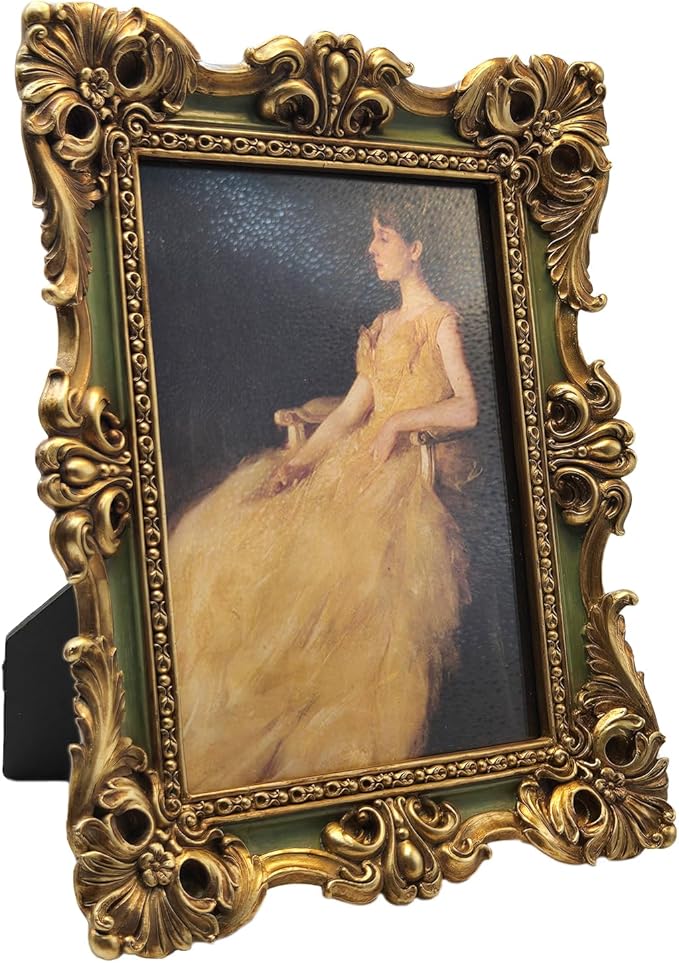 CISOO 5x7 Vintage Picture Frame Antique Ornate Green and Gold Photo Frame, for Table Top and Wall Display, Decorative Floral Design Retro Home Decor, Photo Gallery Art