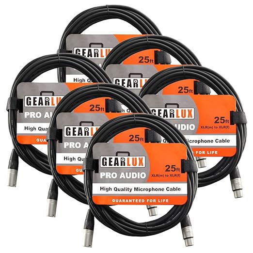 Gearlux XLR Microphone Cable, Fully Balanced, Male to Female, 25 Feet - 6 Pack