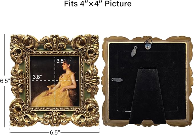 CISOO 4x4 Vintage Small Picture Frame, Antique Ornate Green and Gold Square Photo Frame, for Table Top and Wall Display, Decorative Floral Design Retro Home Decor, Photo Gallery Art