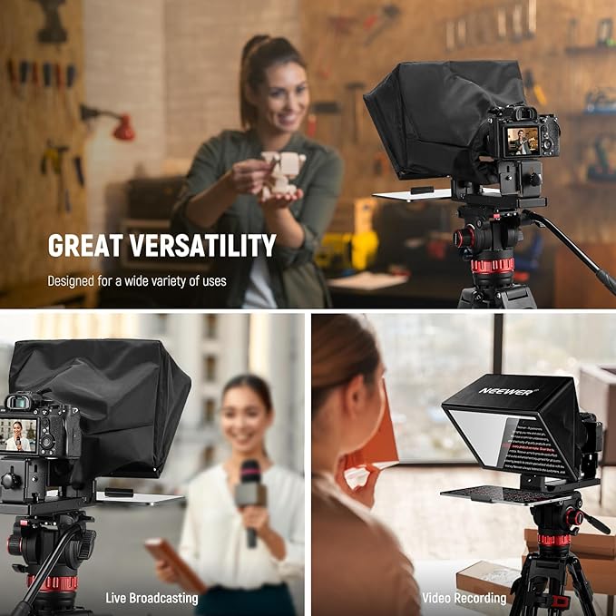 NEEWER Basics X12B Aluminum Alloy Teleprompter 12" for iPad Tablet DSLR Camera, Bluetooth, No Assembly, Remote & App Control, Compatible with iOS Android, Black, for Streaming