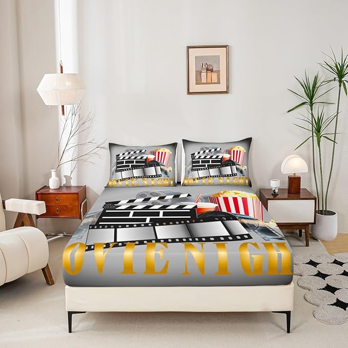 Erosebridal Movie Sheet Set King Home Theater Decor Bed Sheets Set for Boys Girls Family Vintage Cinema Style Sheets Movie Theater Fitted Flat Sheet Clapboard Popcorn Filmstrip Print Bedding Sets