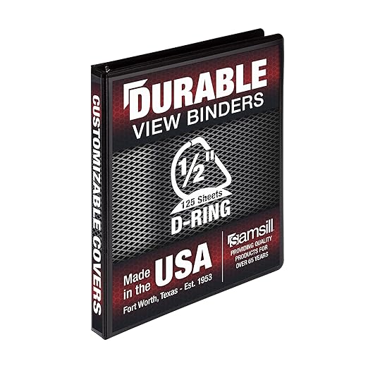 Samsill Durable 0.5 inch 3 Ring Binder, Made in USA, D Ring Binder,FSC 100% Recycled Chipboard, Black
