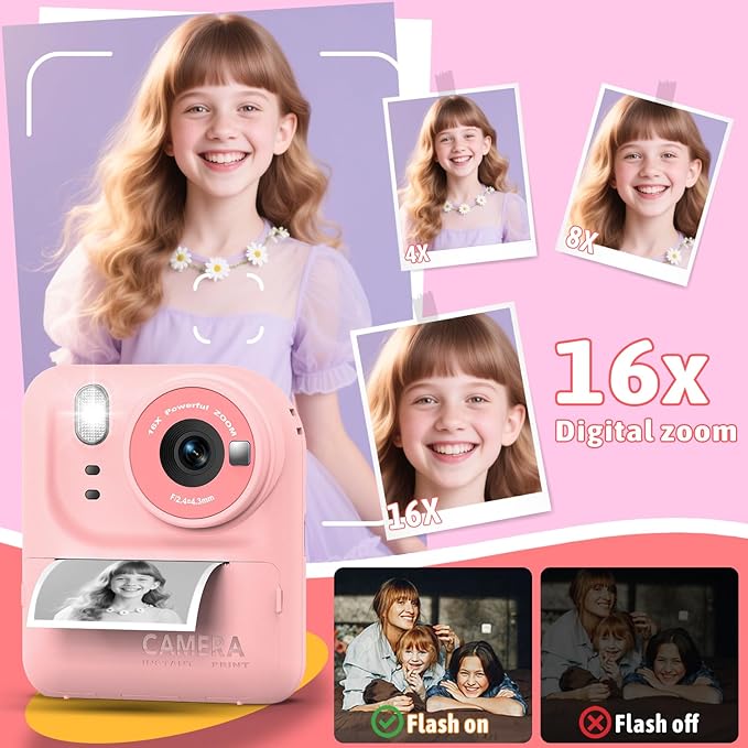 Okaloka Kids Instant Print Camera Toys,1080P HD Toddler Digital Video Camera,Christmas Birthday Gifts for Girls Boys Age 3-12 Year Old - 32G SD Card Included (Pink)