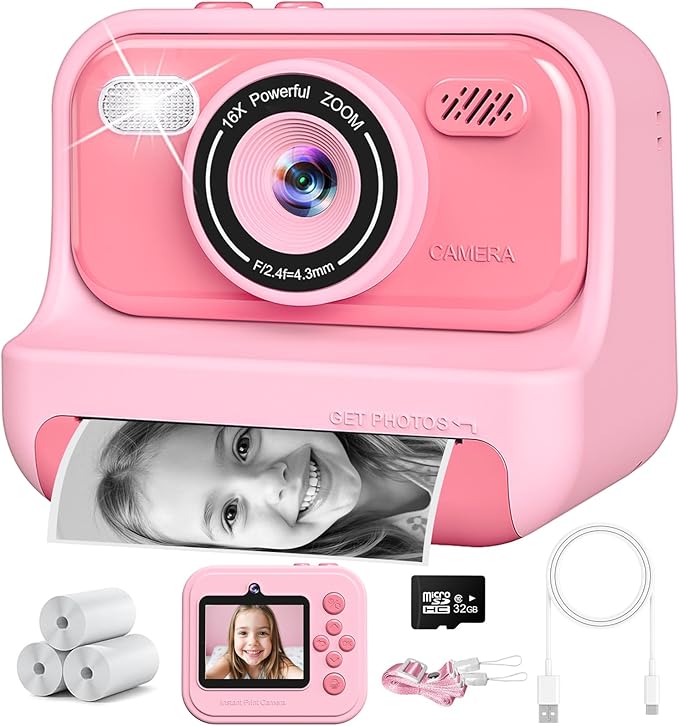 Instant Print Camera for Kids,2.4 Inch Screen Kids Digital Cameras, Christmas Birthday Gifts for Girls Age 3-12, Portable Toddler Travel Toy for 3 4 5 6 7 8 9 10 Year Old Girls Boys