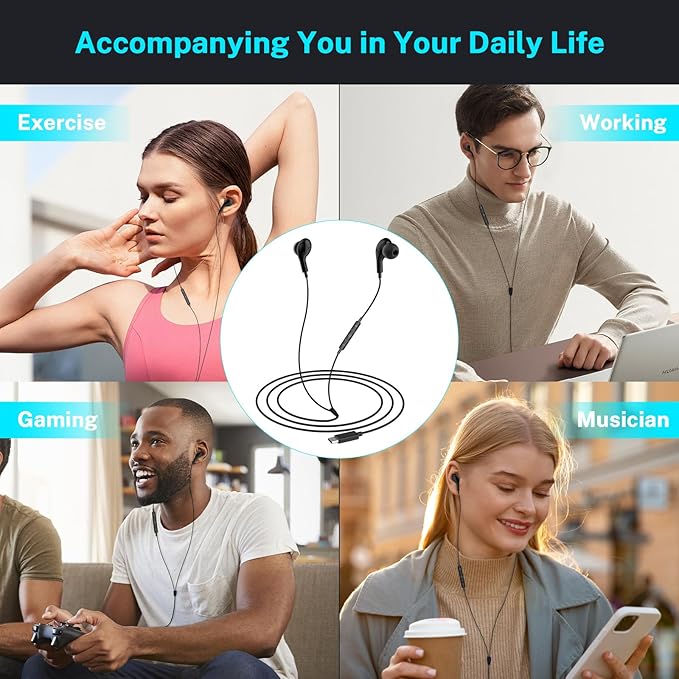 USB C Headphones for iPhone 17 Air 16 Wired Earphones for Samsung Galaxy S24/S23/S22/S25/S26 Ultra for iPhone 15 Pro Wired Earbud with Mic Stereo Noise Cancelling Type C Earbuds for Pixel 9/Oneplus 12