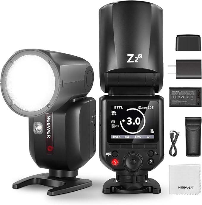 NEEWER Z2-C 2.4G TTL Round Head Flash Speedlite Compatible with Canon, 76Ws Speedlight with Upgraded UI, Modeling Lamps, TTL/M Quick TCM Switch, 1/8000s HSS, 2600mAh Battery, Cleaning Cloth