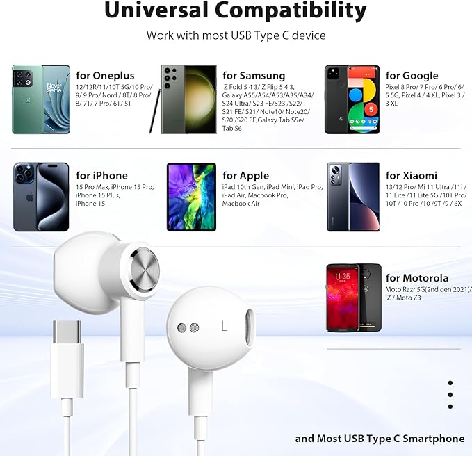 USB C Headphones with Microphone for iPhone 17 Pro Max 17e 16e 16 15 Plus,Type-C Headphones for Google Pixel 10a Wired Earbuds Magnetic Sport Earphone for iPad/OnePlus 15/Samsung S26 S25 Flip 6 Fold 7
