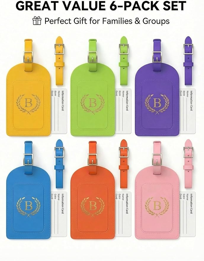 Luggage Tags for Suitcases 6 Pack PU Leather Travel Bag Tags with Privacy Cover & Stainless Steel Buckle, Vegan Leather Name ID Labels for Travel Bags, Cruise, Airline, Backpack, Baggage Identifier(B)