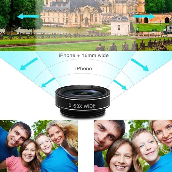 3-in-1 Phone Camera Lens Kit – 210° Fisheye Lens, 120° Wide Angle Lens, 20X Macro Lens for iPhone, Samsung & Android Smartphones – HD Optical Glass, Universal Clip, Portable Case (Black) (3 in 1)