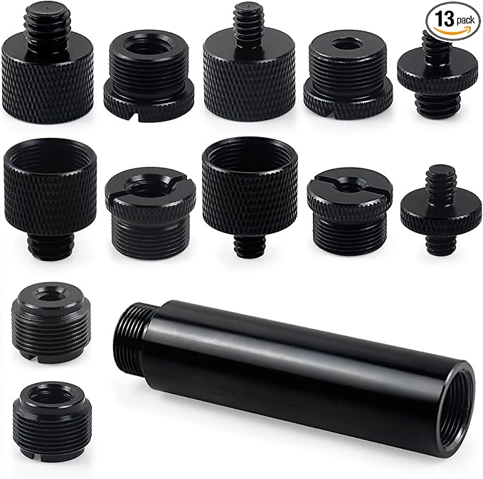 13 Pack Microphone Stand Adapter Screws with Extension Tube,Black Aluminum Alloy,3/8 to 5/8 and 1/4 Threaded Screw Mount for Mic Boom Arm,Camera Tripod,Projector Stand Arm,Fill Light