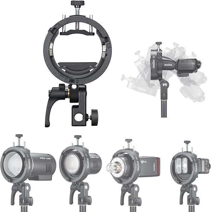 Godox S3 Speedlite Flash Bracket for AD200 Pro II, AD400Pro II, AD300Pro, for Godox V1 Pro, V100 Round Head Flash, V860III / TT685II/ TT350 Series, Tilts ±90° S-Type Bracket Bowens Mount Holder