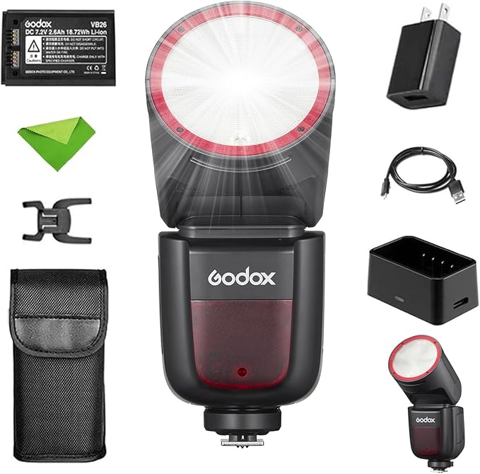 Godox V1 V1-F V1F Flash for Fuji Fujifilm Cameras, 1/8000 HSS TTL Flash Speedlite, 480 Full Power Flashes, 1.5s Recycle Time, 76Ws 2600mAh Li-ion Battery Round Head Flash (Godox V1-F USA Version)