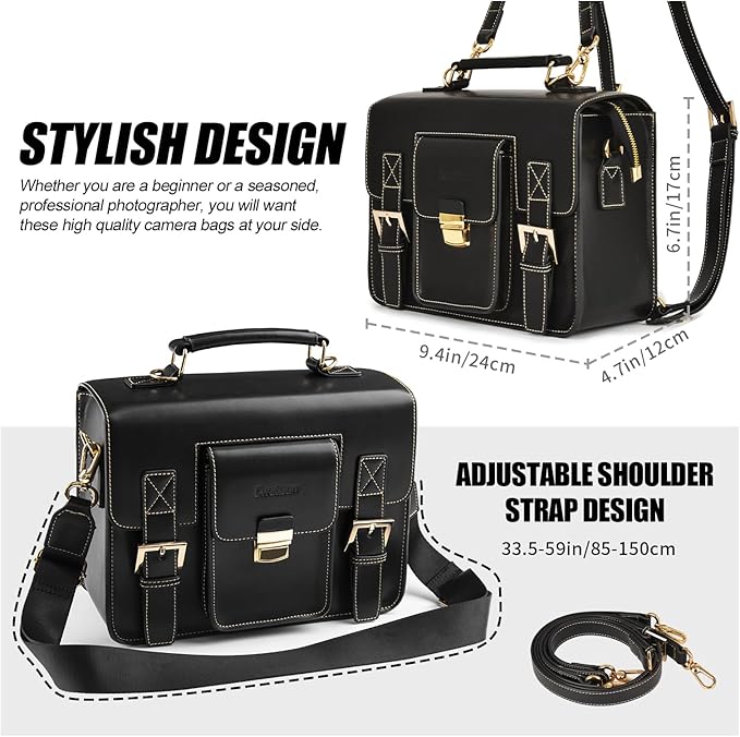 Cwatcun Leather Camera Bag Compact Shoulder Bag for Women, Vintage Small Sling Case Crossbody, Travel Photography Backpack for Canon, Nikon, Sony, Fuji DSLR/SLR/Mirrorless Cameras, Lens Accessories