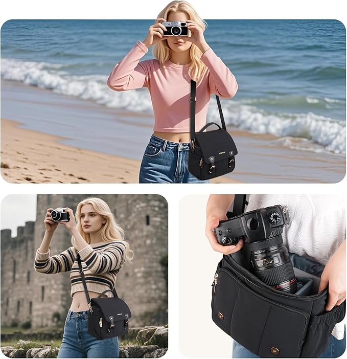 MOSISO Small Camera Bag for Photographers, Puffy Camera Shoulder Bag for DSLR/SLR Cameras, Padded Flap Crossbody Photography Handbag for Women with Tripod Holder&Rain Cover for Canon/Nikon/Sony, Black