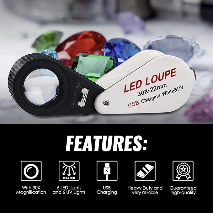 30x Jewelers Loupe Magnifier with UV & LED Lights, 22mm Triplet Lens Rechargeable Jewelers Loupe Foldable Jewelry Magnifier Portable Jewelry Magnifier Inspection Loupe for Gems, Jewelry, Coins, Rocks