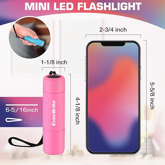 EverBrite Mini Flashlight 3-Pack, Small Flash Lights 9 AAA Batteries Included, Pink/Green/Blue LED Flashlights with Lanyard for Camping/Emergencies, Christmas Gifts