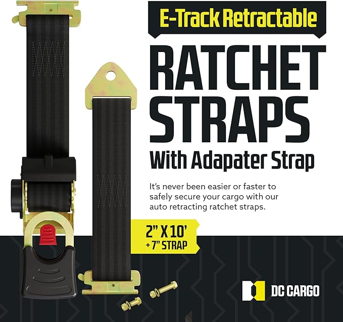 DC Cargo Mall E Track Retractable Ratchet Straps - E-Track and Bolt-On Mounting Options (2 Pack) 2" x 10' - 4,000 lbs Break Strength Heavy Duty Auto Self Retracting Tie Down Straps