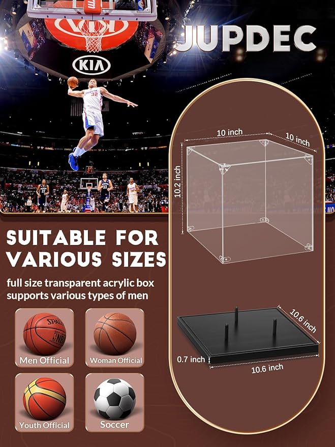 JupDec Basketball Display Case Acrylic Clear 10" Full Size with Solid Wood Base, UV Protected Soccer Display Stand Box for Autographed Standard NBA WNBA Ball Memorabilia Keepsake Ideal Gift, Black