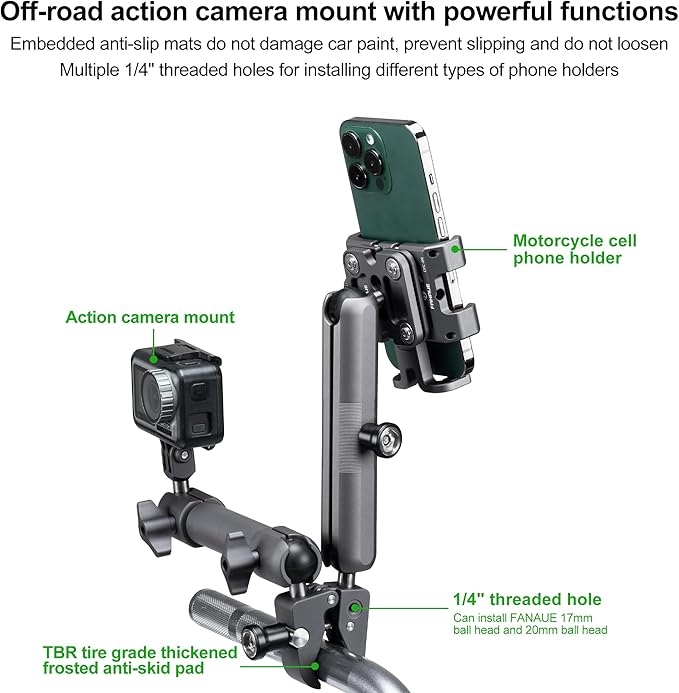 FANAUE Super Clamp Camera Mount Monitor Magic Arm Double Ball Head Adapter with 1/4"-20 Thread for Canon/Nikon/DSLR/Gopro/LED Lights/Insta360, Action Camera Can be Mounts on Bike Motorcycle Handlebar