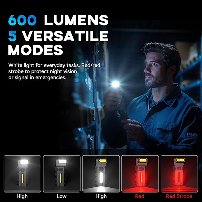 Favourlite 2PACK LED Flashlight Rechargeable, 600 Lumens Portable Flat Mini Flashlights with Clip Magnetic Small Flashlight for Camping, Emergency, Hiking (2, Black)