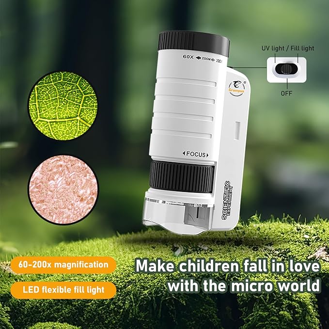 Grampus 60x-200x LED Pocket Microscope Portable Handheld STEM Toy for Kids Adults, Mini Microscope for Student Science Lab for Educational Microbiological Observation Outdoor Exploration