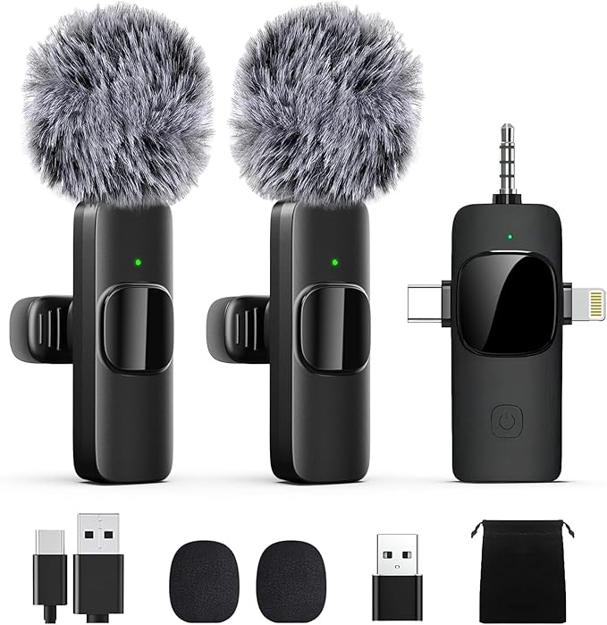 Professional Wireless Lavalier Lapel Microphone for iPhone, iPad, Mini Video Recording Mic for Interview Video Podcast Vlog YouTube & Livestream, Noise Reduction, Plug & Play (3-IN-1 All Devices)