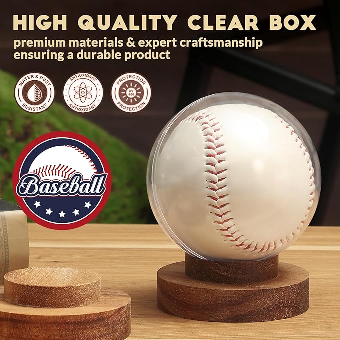 JupDec Baseball Display Case, Round Clear Ball Holder with Wooden Base, Autograph Baseball Stand Box for Single Ball, Acacia Wood, Brown, 2 Pack