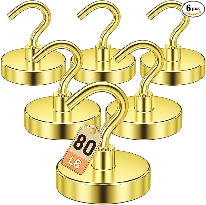 DURMATE Magnetic Hooks, Gold Metal Hooks for Cruise Ship Walls, Strong Magnetic Hanger, Cruise Essentials, 80 lbs Refrigerator Magnets for Camper, Key Holder, Door Decorations, Classroom, Tool Box