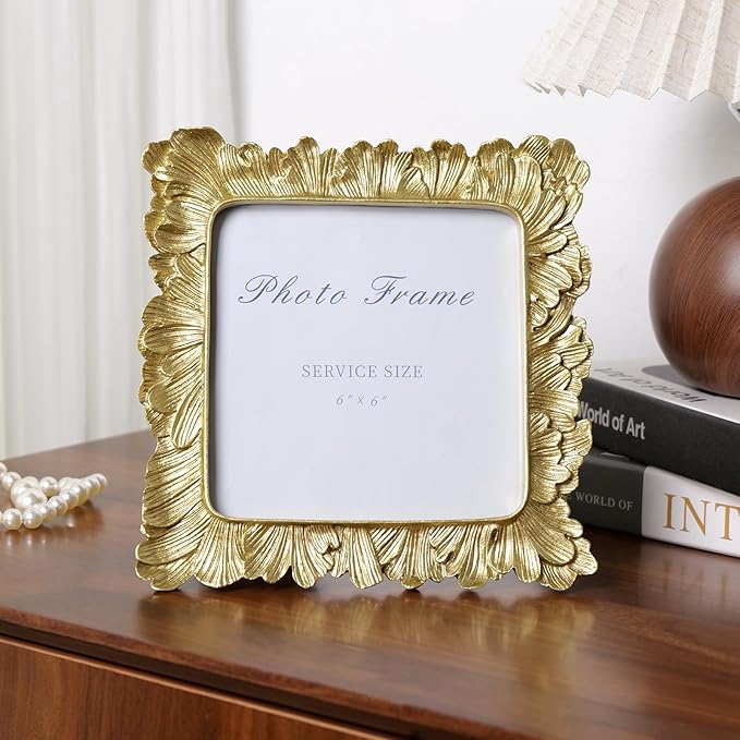 Cuspin 6x6 Picture Frame Gold Frames Square, Vintage Palm Leaves Textured Hand-Crafted Resin Frames with Glass Front, Retro Photo Frame for Wall Hanging and Tabletop Display Home Decor