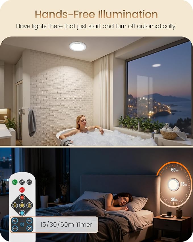 Rechargeable Motion Sensor Ceiling Light with Remote, Wireless Ceiling Light Battery Operated, No Wiring, Magnetic, Dimmable Shower Light, Timer, 3 Color 6000K, Rechargeable Light for Closet Hallway
