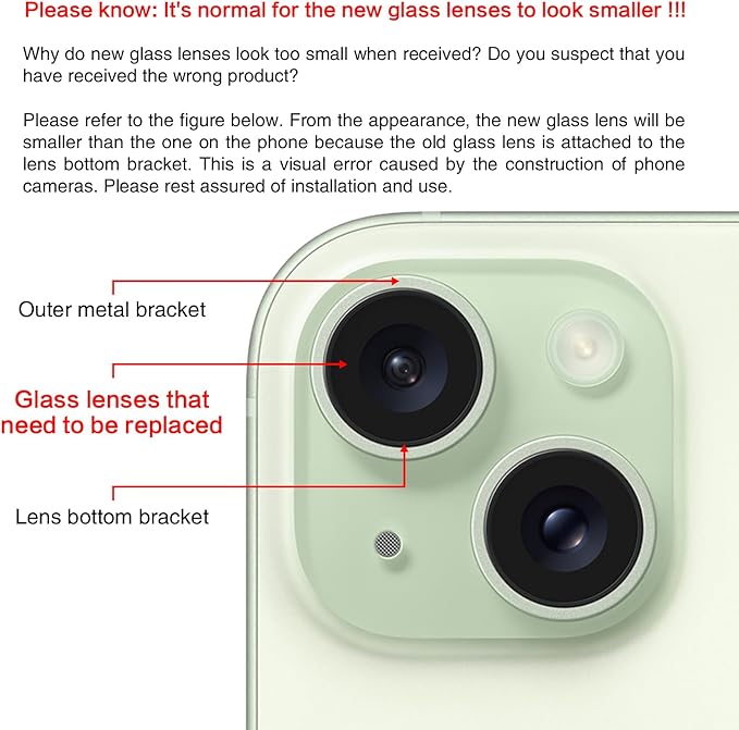 2PCS ASDAWN Back Rear Camera Lens Glass Replacement for iPhone 15 6.1-inch and 15 Plus 6.7-inch with Pre-Installed Adhesive, Back Lens Glass with Installation Manual + Repair Tool Set