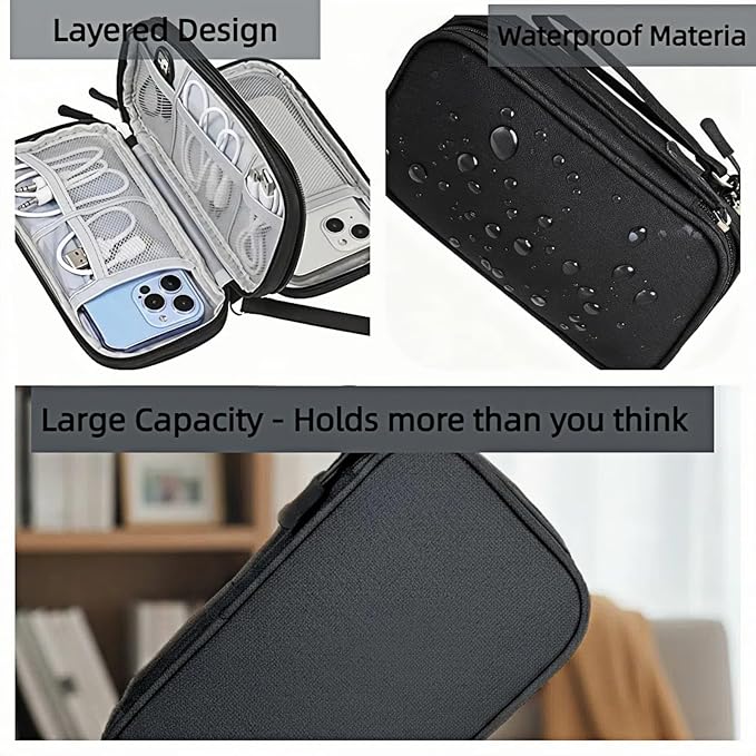 Portable Waterproof Double Layers All-in-One Storage Bag, Travel Cord Organizer，Electronics Accessories Organizer Pouch Bag for Accessories,Charger, USB Cable, Gadget (black)