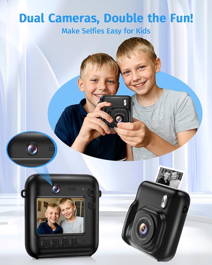 Instant Camera, Dual-Lens Kids Camera Instant Print for Boys Girls Christmas Birthday Gifts, 1080P Digital Cameras for Kids Teens with Print Paper, 32GB Card, Toddle Toy for Age 4-12 Years(Black)