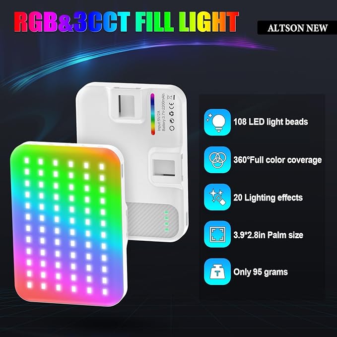 108 RGB Video Light, 2200mAh Camera Light with 3CCT/ 360° Full Color/20 Lighting Effects, 2500-6500K LED Selfie Light for iPhone-CRI 97+, Portable Phone Light for Party, Photography, Streaming (White)