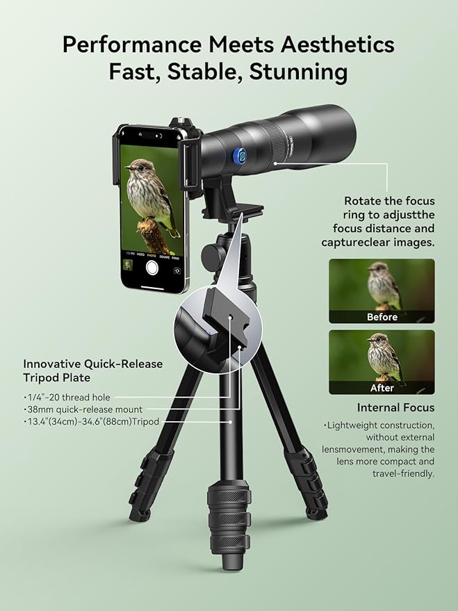 MIAO LAB 50X HD Ultra Telephoto Lens for iPhone and Most Smartphone, with Tripod & Universal Phone Clip, Suitable for Indoor and Outdoor Shooting and Watch Concert, Moon Viewing