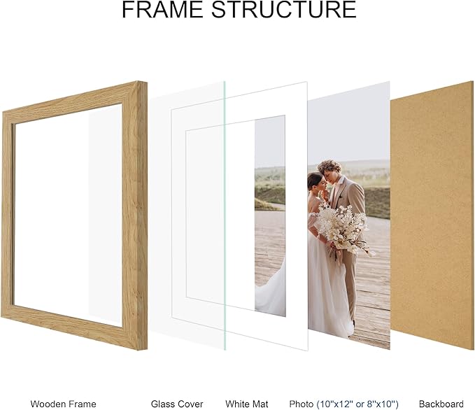 10x12 Picture Frame Set of 4, Made of Real Glass and Natural Oak Frame - Display Picture 8x10 with Mat or 10x12 Without Mat, 10 by 12 Photo for Wall Mounting